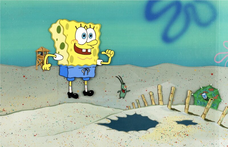 Steven Hillenburg, Spongebob SpongeBob and Plankton Production Cel with Master Background with Animation Drawing Group of 2 (Nickelodeon) - Original art