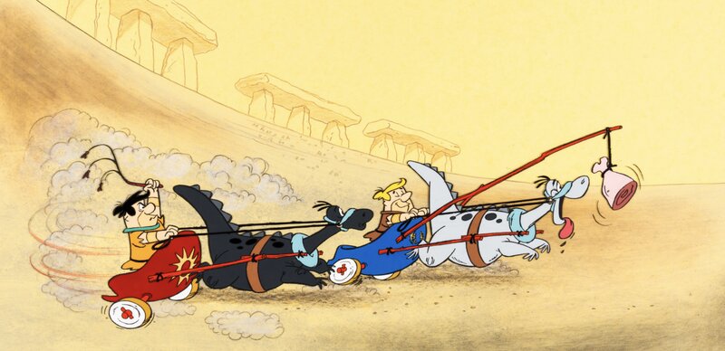 Hanna & Barbera, The Flintstones Fred and Barney Chariot Race Publicity Pan Cel and Background (Hanna-Barbera, c. 1970s-80s) - Original art