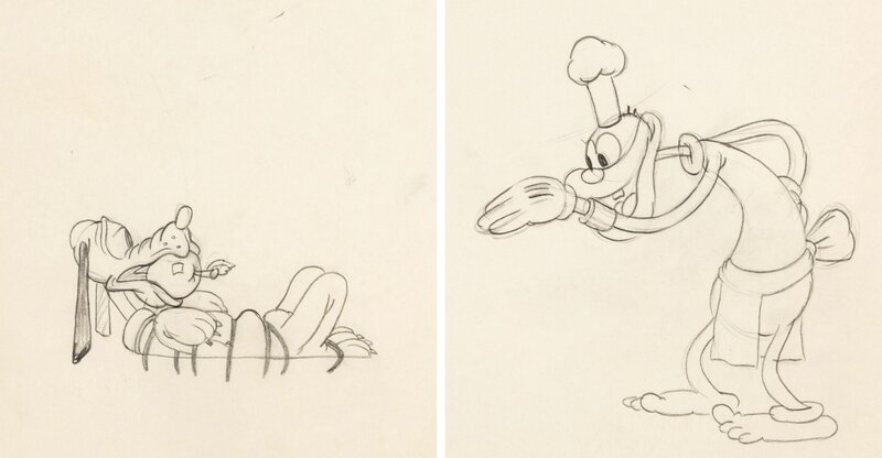 Trader Mickey Pluto and Cannibal Animation Drawings Group of 2 (Walt Disney, 1932) - Dédicace