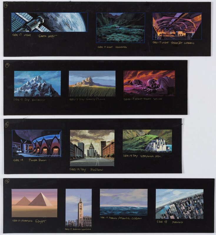 Jamie Simone, Ultimate Avengers 2: Rise of the Panther Background Concept/Color Key Painting Group of 4 (Marvel Studios, 2006) - Original art