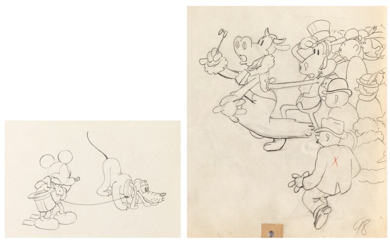 Ye Olden Days Mickey Mouse and Minnie Mouse Animation Drawings Group of 2 (Walt Disney, 1933). - Dédicace