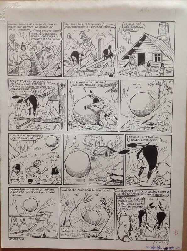 En vente - Bussemey Planche Originale 10 Moky et Poupy 2 Renard-Rouge trappeur oiseau rocher pierre , BD Éo 1958 Ames Vaillantes et Fleurus - Planche originale