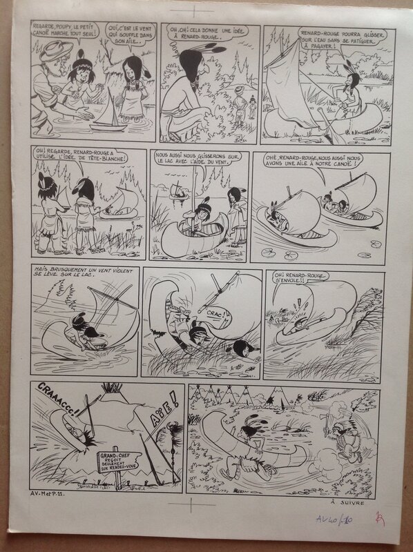 For sale - Bussemey Planche Originale 11 Moky et Poupy 2 Renard-Rouge bateau canoë scène comique tipi, BD Éo 1958 Ames Vaillantes & Fleurus - Comic Strip
