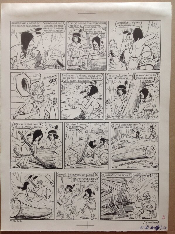 En vente - Bussemey Planche Originale 9 Moky et Poupy 2 Renard-Rouge petit Lapin trappeur tronc arbre , BD Éo 1958 Ames Vaillantes Fleurus - Planche originale