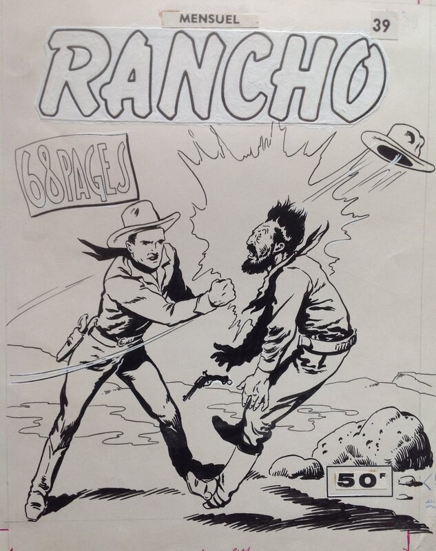 For sale - Atelier Chott, studio Artevèze G., Claude Bordet, Fergal, Atelier Chott RANCHO 39 Couverture Originale planche N&B Couv Rancho Mensuel Western Cow Boy Thunder Jack Petit Format Chott 57 - Original Cover