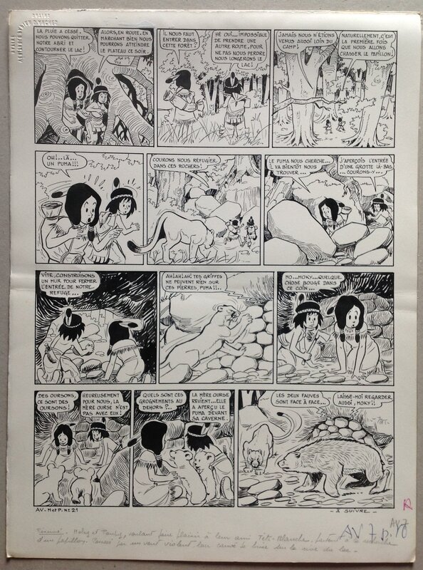 En vente - Bussemey Planche Originale 15 Moky et Poupy 2 Renard-Rouge indien puma ours oursons , BD Éo 1959 Ames Vaillantes & Fleurus - Planche originale