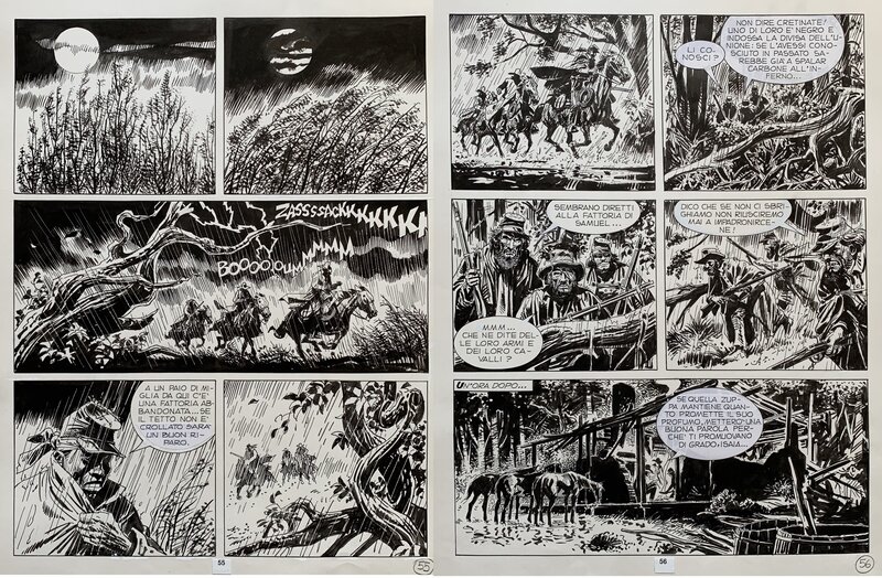 José Ortiz, antonio segura, Galep, Giovanni Luigi Bonelli, Ortiz, Maxi Tex#13 bis, L'Oro del Sud, diptyque des planches n°55-56, 1999. - Comic Strip