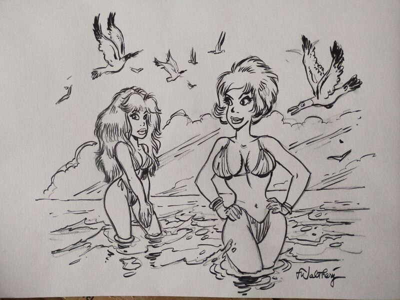 François Walthéry, Rubine et Natacha à la plage - Original Illustration