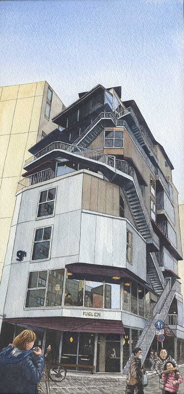 En vente - Bruno Watel, Le café Fulgen d’Hoppi Street à Asakusa, Tokyo 18 x 38,5 cm 2020 - Illustration originale
