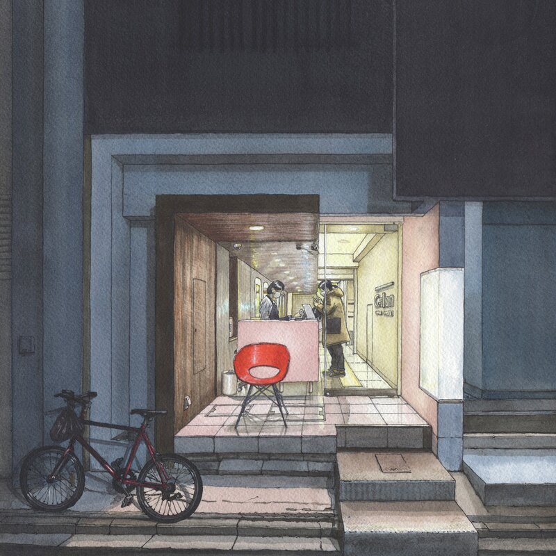 En vente - Bruno Watel, Levélo rouge - Kyoto -Nakagyo-ku 19 x 19 cm - 2023 - Illustration originale