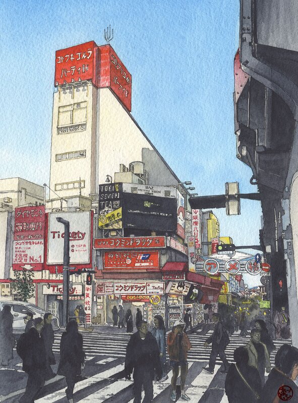 For sale - Bruno Watel, Okachimashi Station et Amayayoko Street à Ueno, Tokyo  19 x 27 cm 2020 - Original Illustration