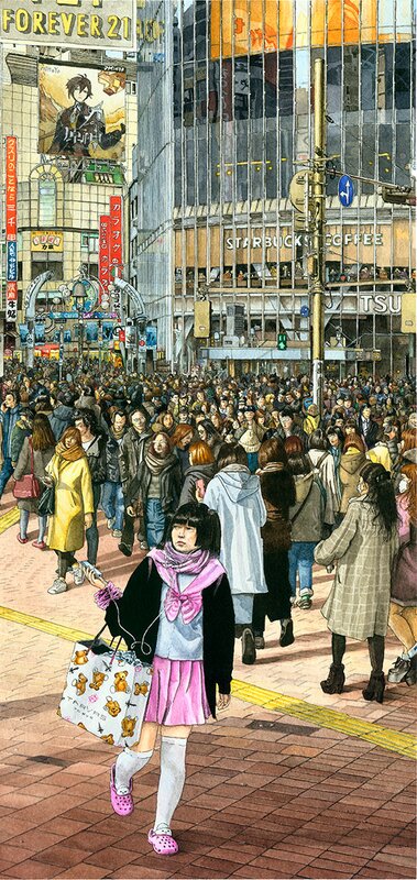 En vente - Bruno Watel, Shibuya Station crossing, Tokyo 25,5 x 54 cm 2022 - Illustration originale