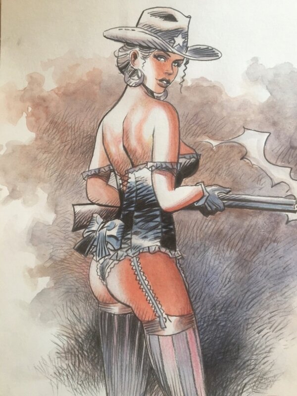 Thierry Girod, Dessin original couleur - western corset lacet - Original Illustration