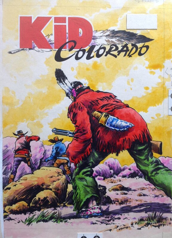 For sale - Atelier Chott, Claude Bordet, Rémy Bordelet, Renzo Orrù, Fergal, Atelier Chott Kid Colorado 11 Couverture Originale Planche Couleur indien cow boy attaque Fort Louis, Bd Petit Format Chott 1957 - Original Cover