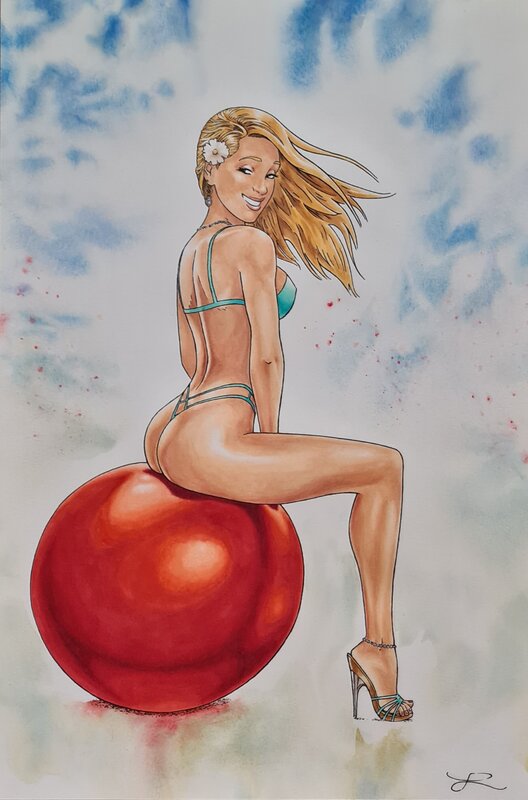 Lounis Chabane, Héléna sur son ballon rouge - Illustration - Illustration originale