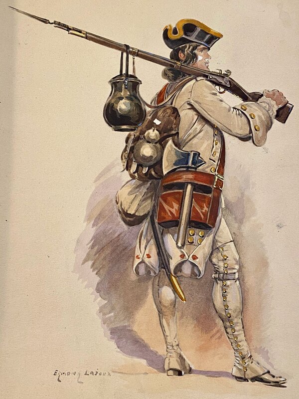 Edmond Lajoux, illustration originale, Soldat d'infanterie de ligne des guerres en dentelles - Illustration originale
