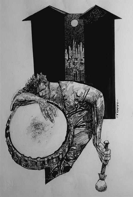Tambouriner by Sergio Toppi - Original Illustration