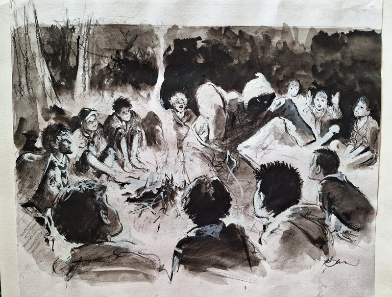 Feu de camp par René Follet - Illustration originale