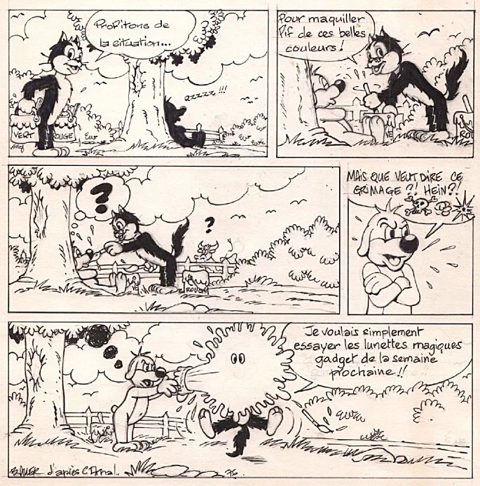 Jean-Claude Bauer, José Cabrero Arnal, Bauer, Pif et Hercule, planche de test, gadget lunettes 3D, 1976. - Comic Strip