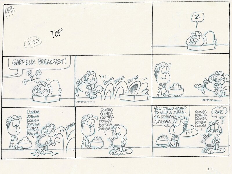 Garfield Sunday - preliminary pencil art by Jim Davis 30/09/1990 - Planche originale
