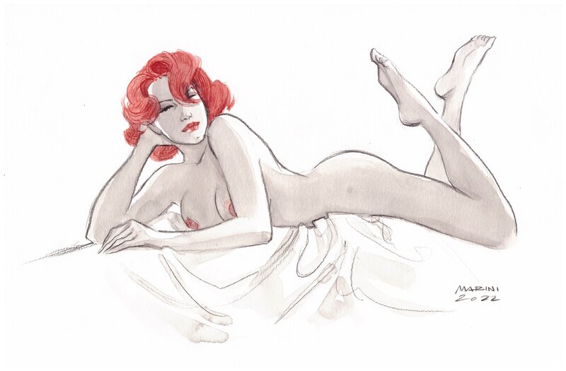 Enrico Marini, Caprice nue sur draps blancs - Illustration originale