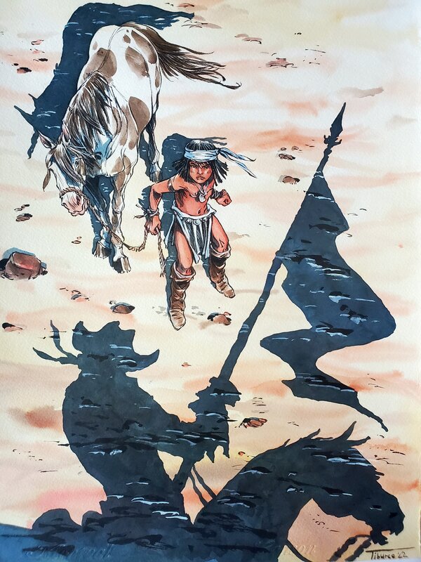 Tiburce Oger, INDIANS !  illustration originale couleur - Original Illustration