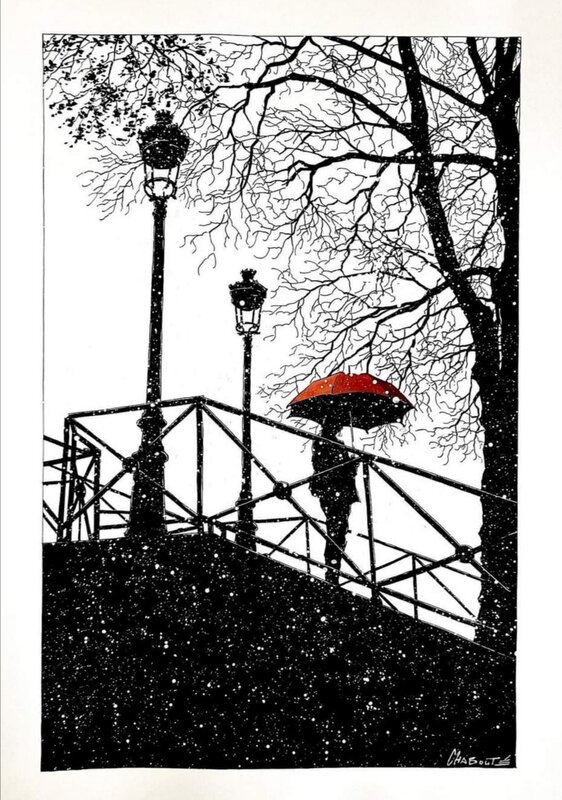 Parapluie rouge... par Christophe Chabouté - Illustration originale
