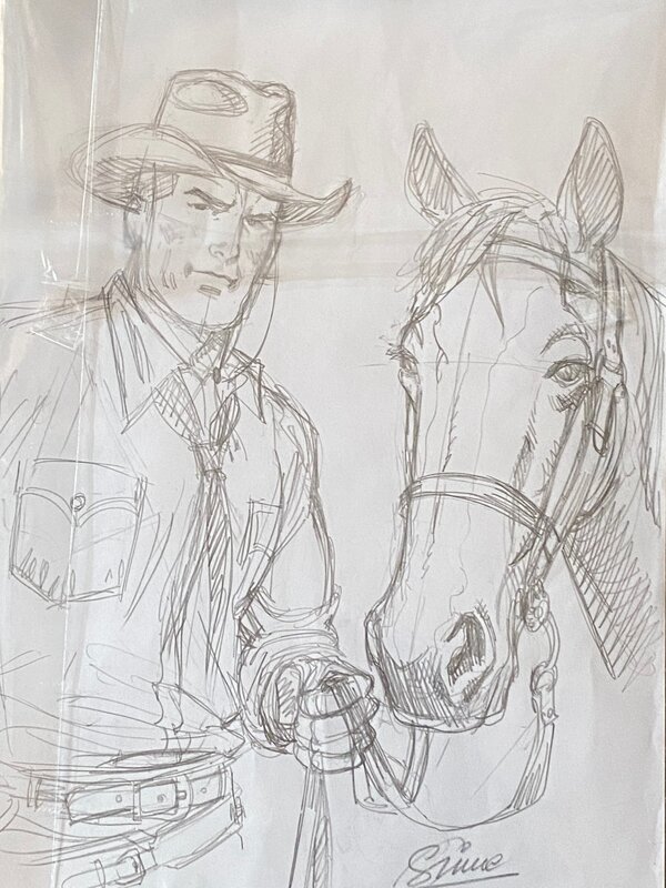 Luigi Simeoni, illustration originale, Tex Willer tenant son cheval. - Illustration originale
