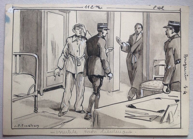 For sale - Pinchon illustration Hommes Gendarme Pensionnat , Dessin Original Lavis Encre de Chine , planche originale parue dans Benjamin - Original Illustration