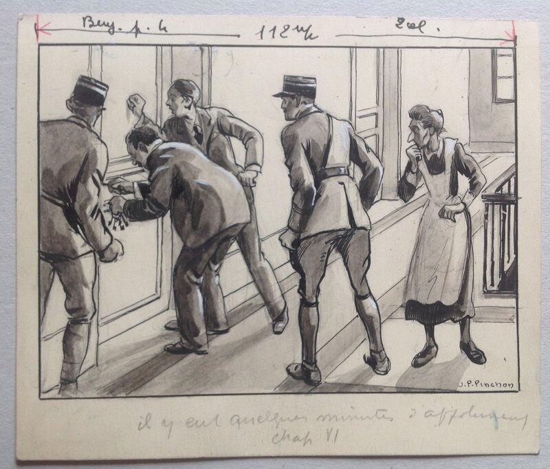 En vente - Pinchon illustration Hommes Gendarme Vieille Femme , Dessin Original Lavis Encre de Chine ,planche originale parue dans Benjamin - Illustration originale