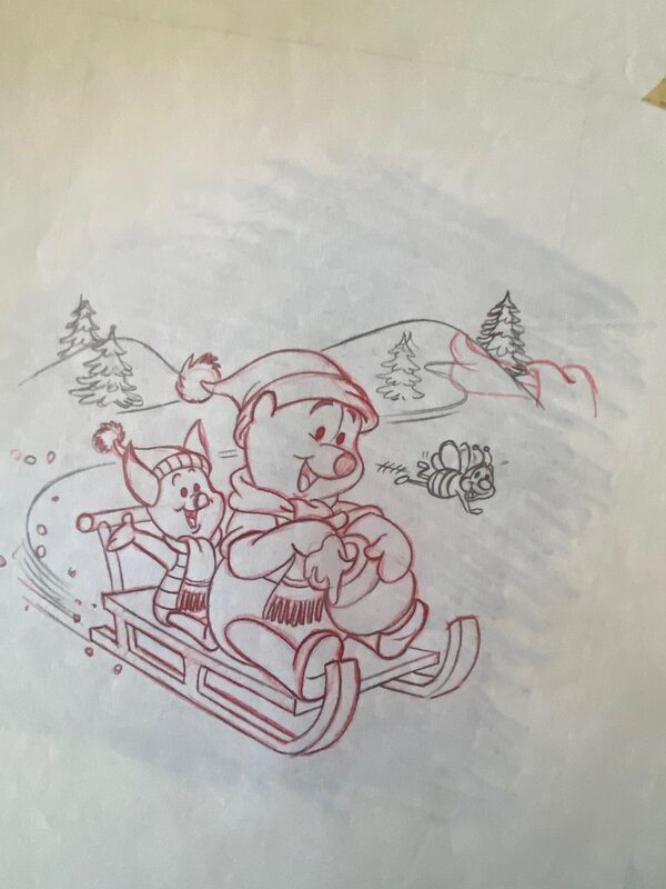 Studios Disney, illustration originale, Winnie l'Ourson sur un traineau. - Illustration originale