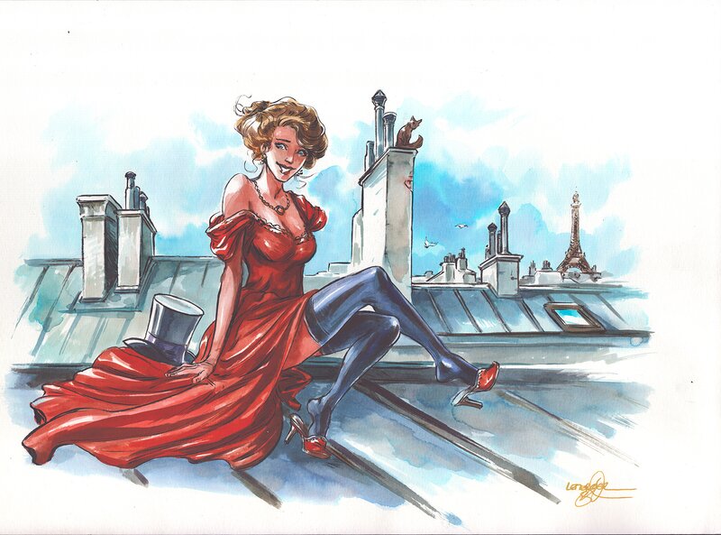 For sale - Gwendal Lemercier, Promenade sur les toits parisiens - Original Illustration