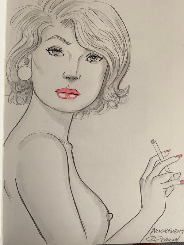 Renaud, illustration originale, Femme dénudée à la cigarette,