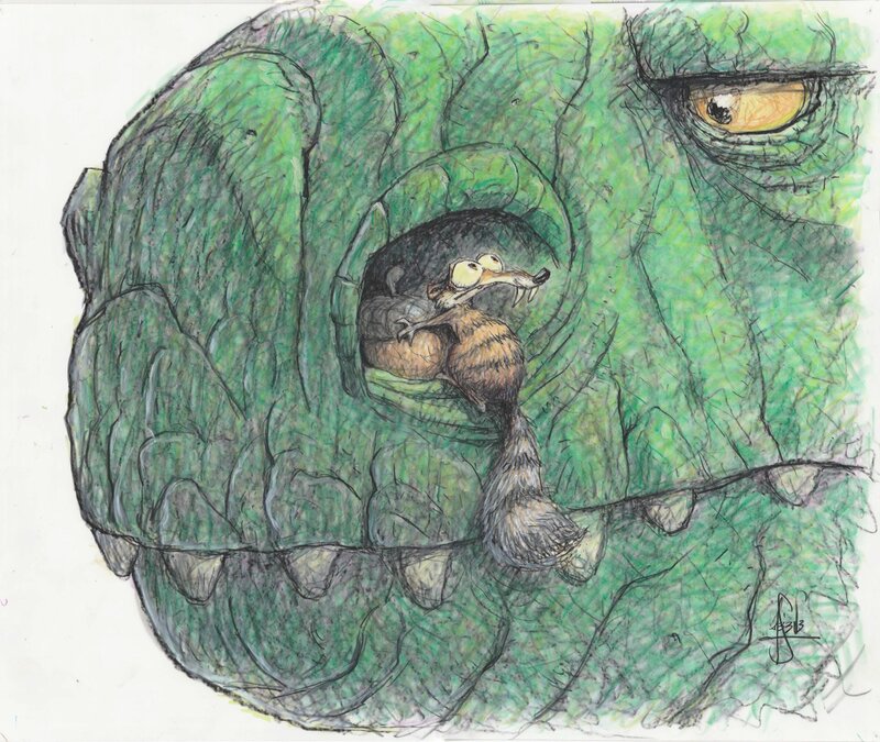 En vente - Peter De Sève, Ice Age “Scrat in dinosaur nose” - Dédicace