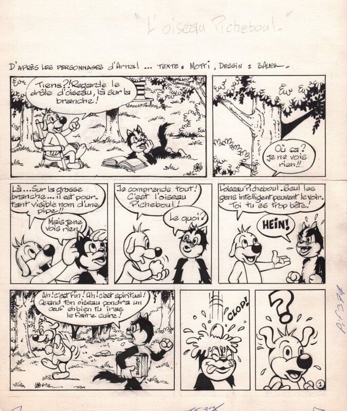 Jean-Claude Bauer, Michel Motti, José Cabrero Arnal, Bauer, Pif et Hercule, L'oiseau Picheboul, Pif Gadget#374, planche n°1 de titre, 1976. - Planche originale