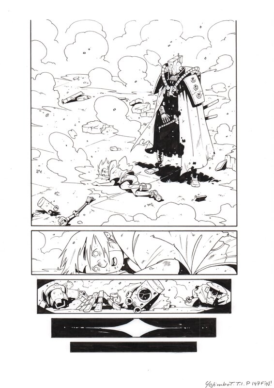 En vente - Sylvain Repos, Dessin préparatoire de la page 147 page de Fin du tome 1 Yojimbot - Planche originale