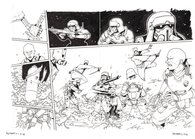 En vente - Sylvain Repos, Planche originale de la double page 42-43 du tome 1 Yojimbot - Planche originale