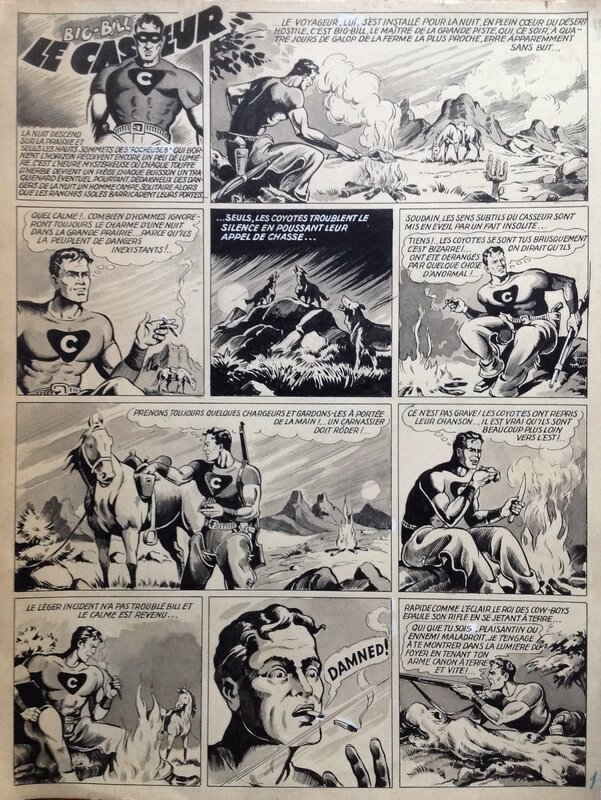 En vente - Maurice Besseyrias Big Bill Le Casseur Planche Originale 1 titre BB 64 Vieil homme prairie , Encre Lavis Atelier Chott 1952 Top - Planche originale