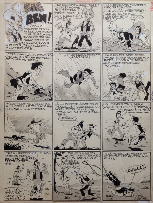 En vente - Atelier Chott, Lucien Carton, Carton Lucien Big Ben ! le Cow Boy indien Planche Originale 3 du RANCHO 35 , Encre Lavis Atelier Chott 1957 Petit format - Planche originale