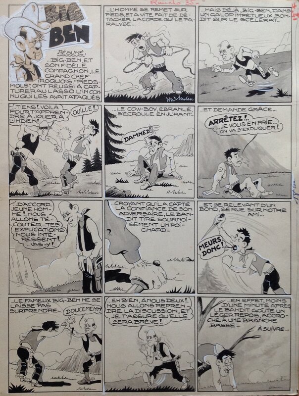 En vente - Atelier Chott, Lucien Carton, Carton Lucien Big Ben ! le Cow Boy indien Planche Originale 4 du RANCHO 35 , Encre Lavis Atelier Chott 1957 Petit format - Planche originale