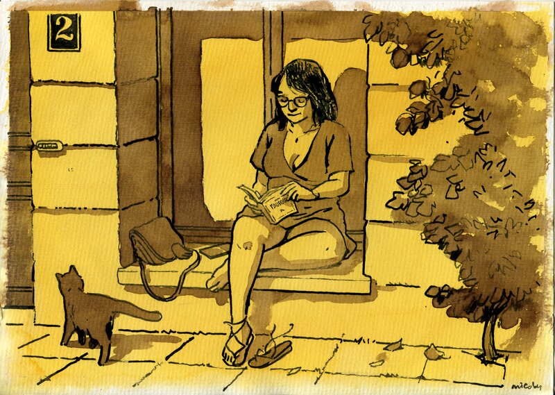 En vente - Nicoby, Lectrice sur le bord de la fenêtre - Illustration originale