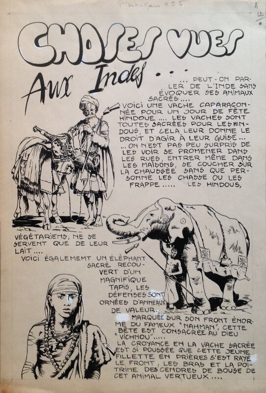 En vente - Rémy Bordelet, Rémy, Atelier Chott, Rémy Bordelet RÉMY Choses vues A ... indes Vache éléphant femme , Planche originale dessin 1953 P'tit gars 5 Atelier Chott - Planche originale