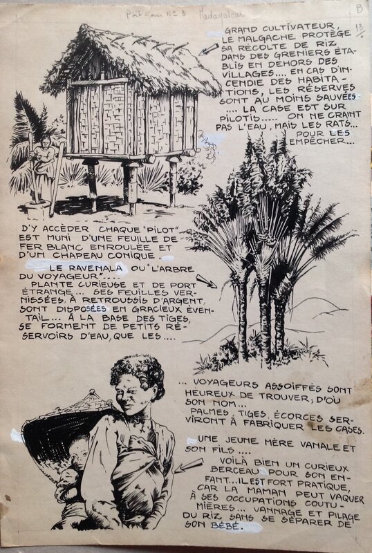 For sale - Rémy Bordelet, Rémy, Atelier Chott, Rémy Bordelet RÉMY Choses vues A Madagascar case pilotis femme Vanale, Planche originale dessin 1952 P'tit gars 3 Atelier Chott - Comic Strip