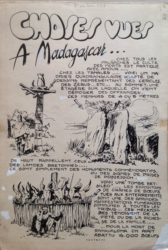 En vente - Rémy Bordelet, Rémy, Atelier Chott, Rémy Bordelet RÉMY Choses vues A ... Madagascar Malgache Tanale Menhir, Planche originale dessin 1952 P'tit gars 3 Atelier Chott - Planche originale