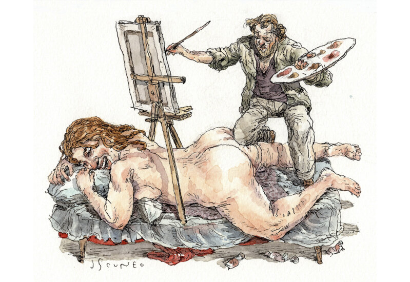 En vente - John Cuneo - 52 - Painter knee in butt  5 H x 6 ¼ W 12,7 cm x 15,9 cm - Illustration originale