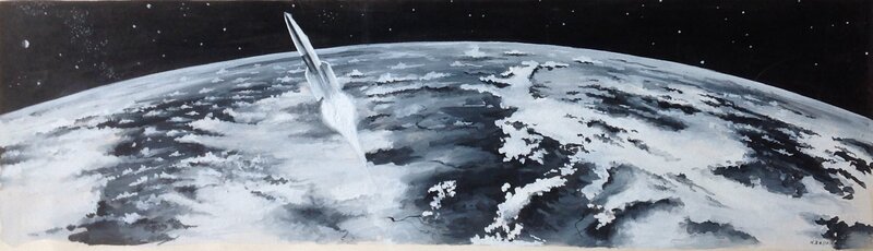 For sale - Zeccara Nevio ( Atelier Chott ) illustration Fusée conquête espace Lune Sf top ... ,sublime Dessin planche originale gouache - Original Illustration