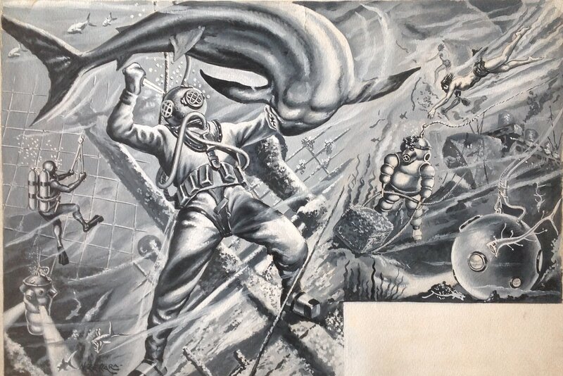 For sale - Zeccara Nevio ( Atelier Chott ) illustration Sous Marine scaphandrier plongeur requin épave ...,Dessin planche originale gouache - Original Illustration