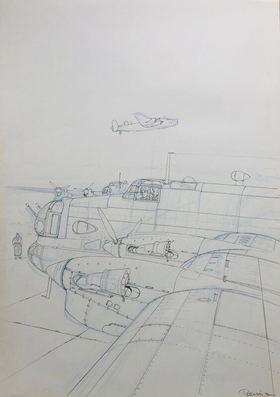 For sale - Romain Hugault, Bombardier lourd quadrimoteur Halifax de la RAF - Original Illustration