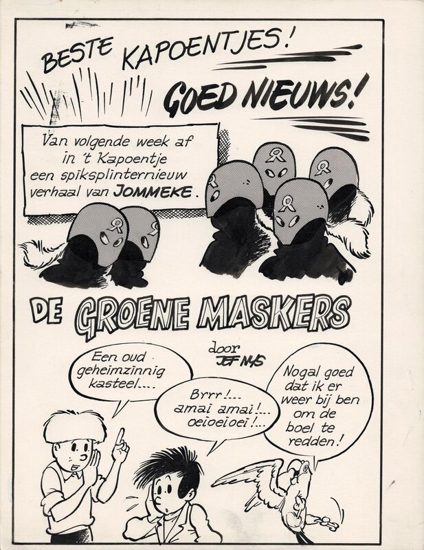 Jef Nys, Jommeke - aankondiging - De groene maskers - Original Illustration