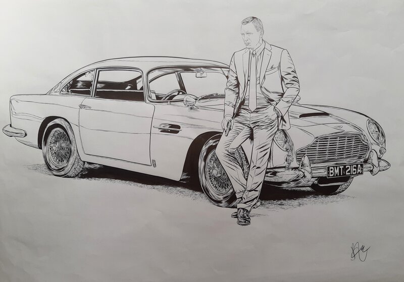 Jean-Marc Pau, Illustration Aston Martin DB5 & Daniel Craig dans James Bond 007 - Illustration originale